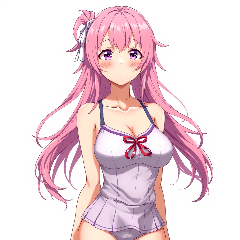 Anime art of a motherly woman, pink hair, school swimsuit, detailed body, standing, white background, stunning details, trending on ArtStation, anime artwork, anime cel shading, detailed soft shadows. - Image