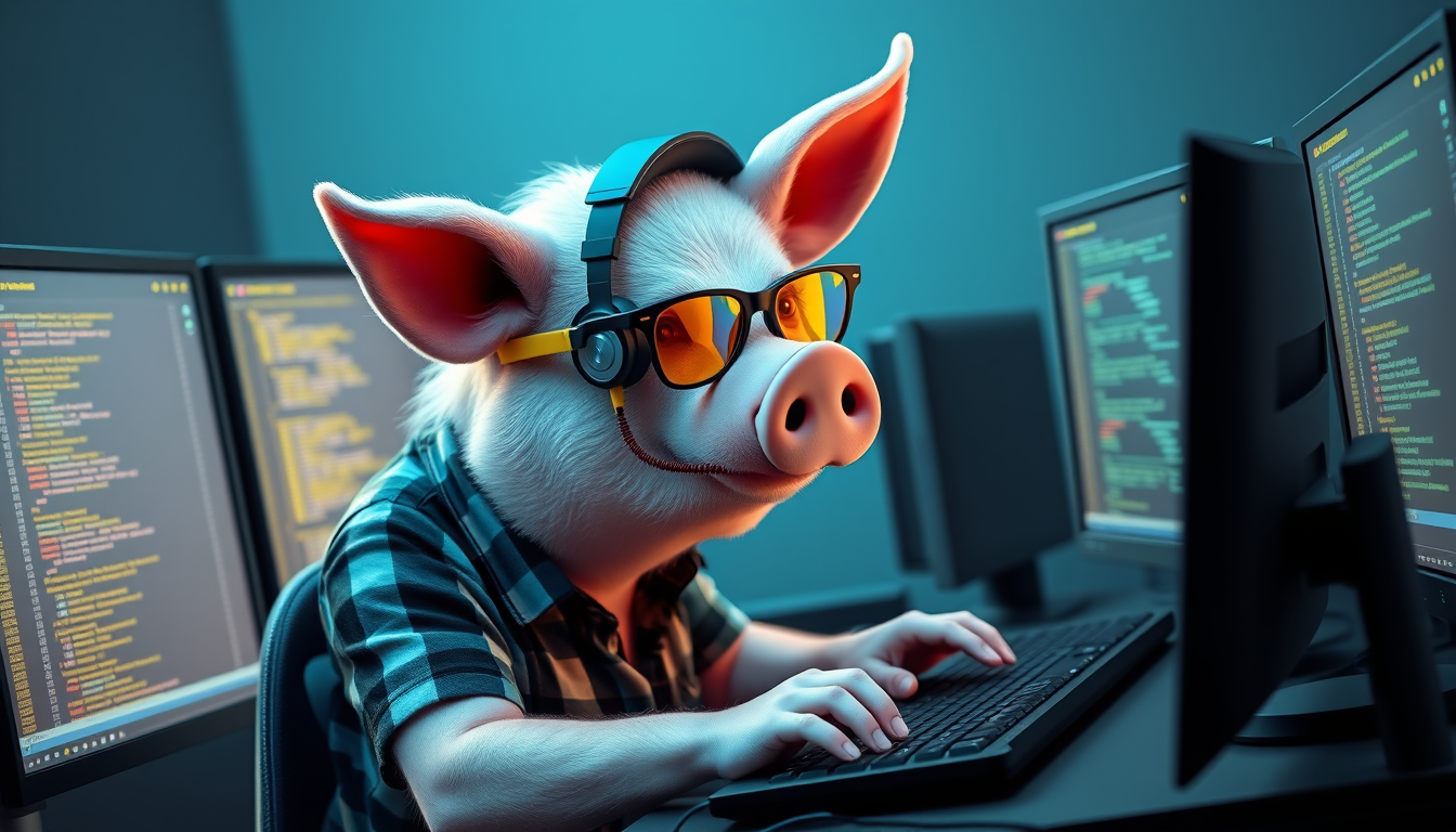 A tech-savvy porcine coder, donning yellow-tinted glasses and sleek noise-cancelling headphones, hunches over a cutting-edge multi-monitor setup. The anthropomorphic pig exudes focus, typing furiously. Wearing a plaid t-shirt. - Image