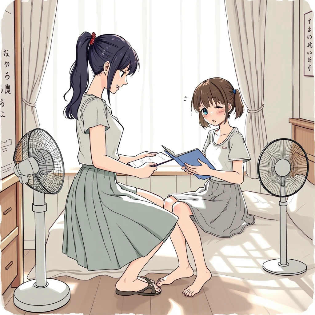 In the room, the female tutor is helping the female student with her homework. They are wearing skirts, it's summer, and very hot. They are sweating, and there is a fan. Additionally, there are Chinese characters or Japanese. - Image