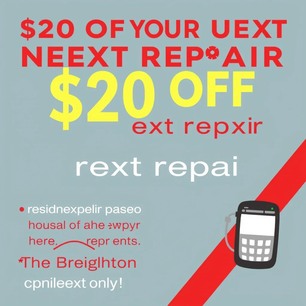 Advertisement for $20 off your next repair for residents of The Breighton on Paseo, phone repair theme with colors of red and black, correct spelling only. - Image