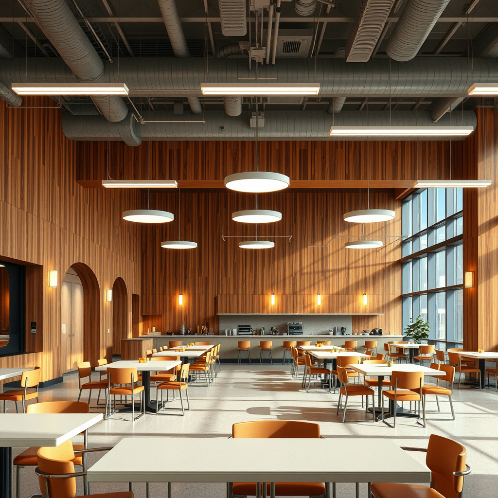 interior, company cafeteria, modern, wood panel, movie scene - Image