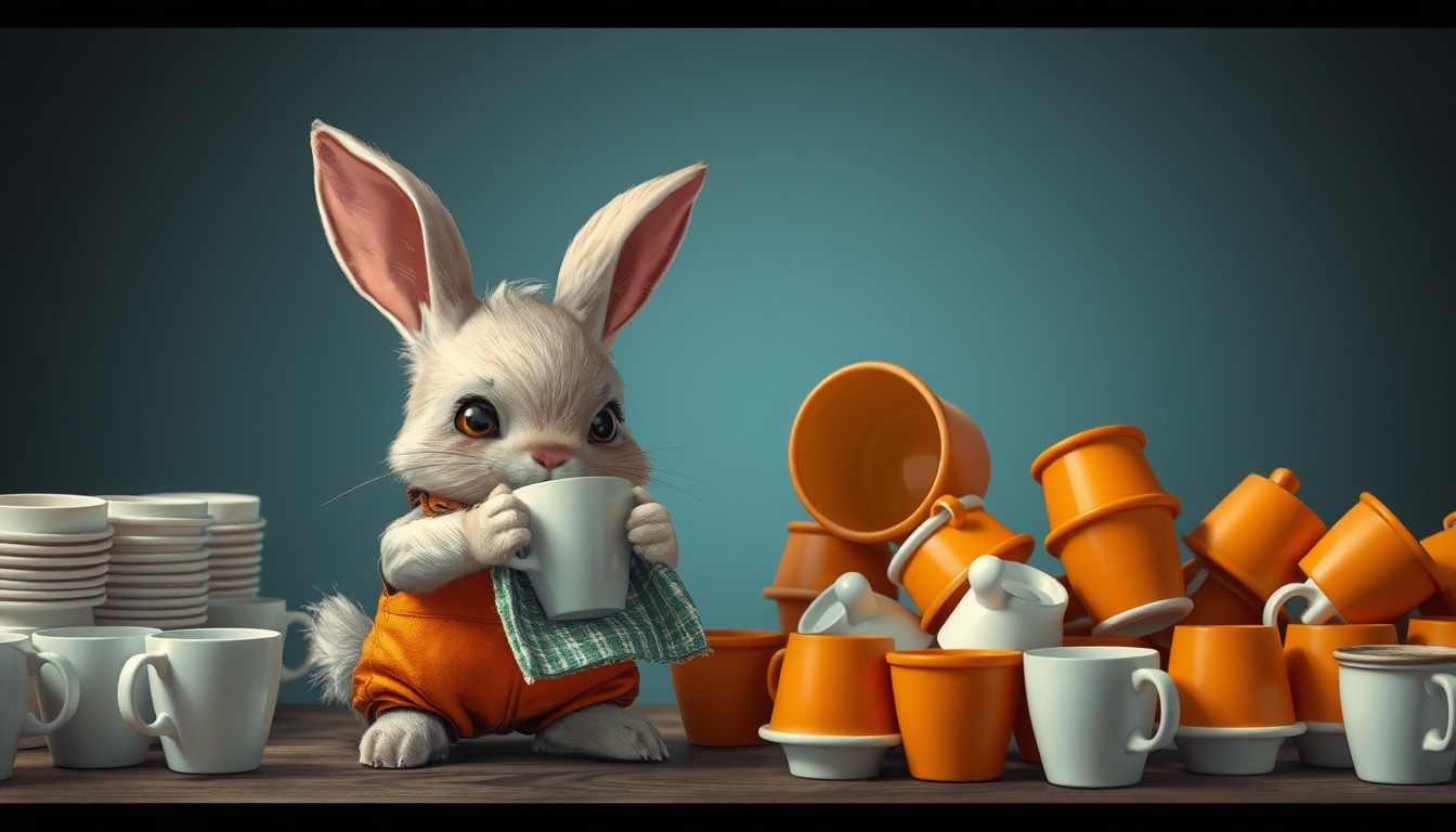 A little rabbit, wearing an orange overalls, is holding a rag and cleaning a coffee cup. Next to it, there are many coffee cups waiting to be cleaned, and its eyes reveal a look of grievance.