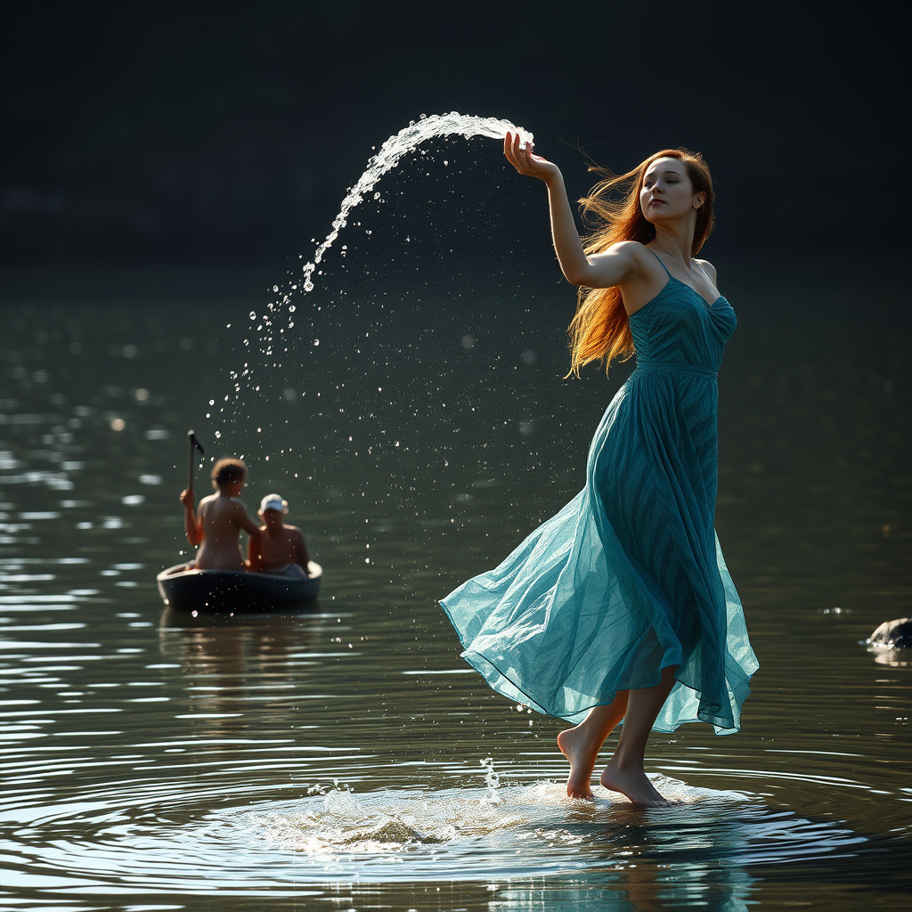 Riverside, dancing woman wearing a dress made of water, side view, full body view, strong light falls on her, water pours from the sky.