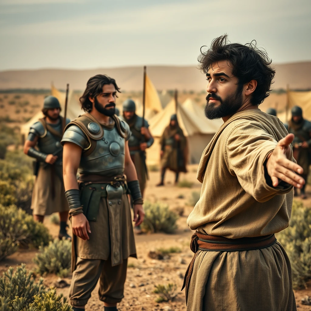 Create a scene of two men facing one another. The man on the right is a young Jewish man in his mid-20s, dressed as a simple shepherd, posed dramatically with his arms stretched out to the sides. He has dark, messy, unkempt hair and a beard, looks shocked, and gazes off-camera to the left. The man on the left is a slim Jewish man in his mid-30s, with messy hair and a Jewish beard, wearing only simple biblical-era Israelite armor. A group of four ancient biblical-era Israelite soldiers is crowding around the man on the left. In the background, Arabic army tents are pitched on a desert shrubland. The overall mood of the image is one of anxiety and concern. Realistic hands. - Image