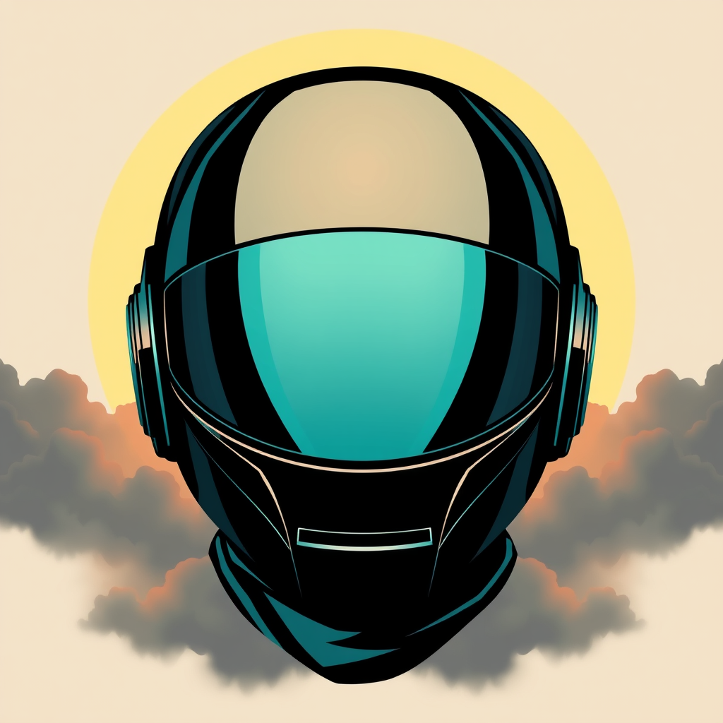 Modern Daft Punk helmet in vector art style for a poster or T-shirt, featuring a large sun-like circle in the background, layered with dark grey clouds and an outrun color palette. The design includes black canvas, dark teal accents, and a sinister atmosphere, reminiscent of album art and CD cover artwork.