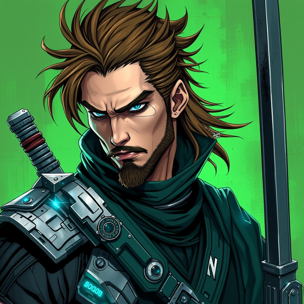 Cyber Samurai style of male warrior with rugged brown hair and cybernetic implants | merging armor/clothes with futuristic cyberpunk elements | flowing robes and high-tech armor plating | background | in green and blue. - Image