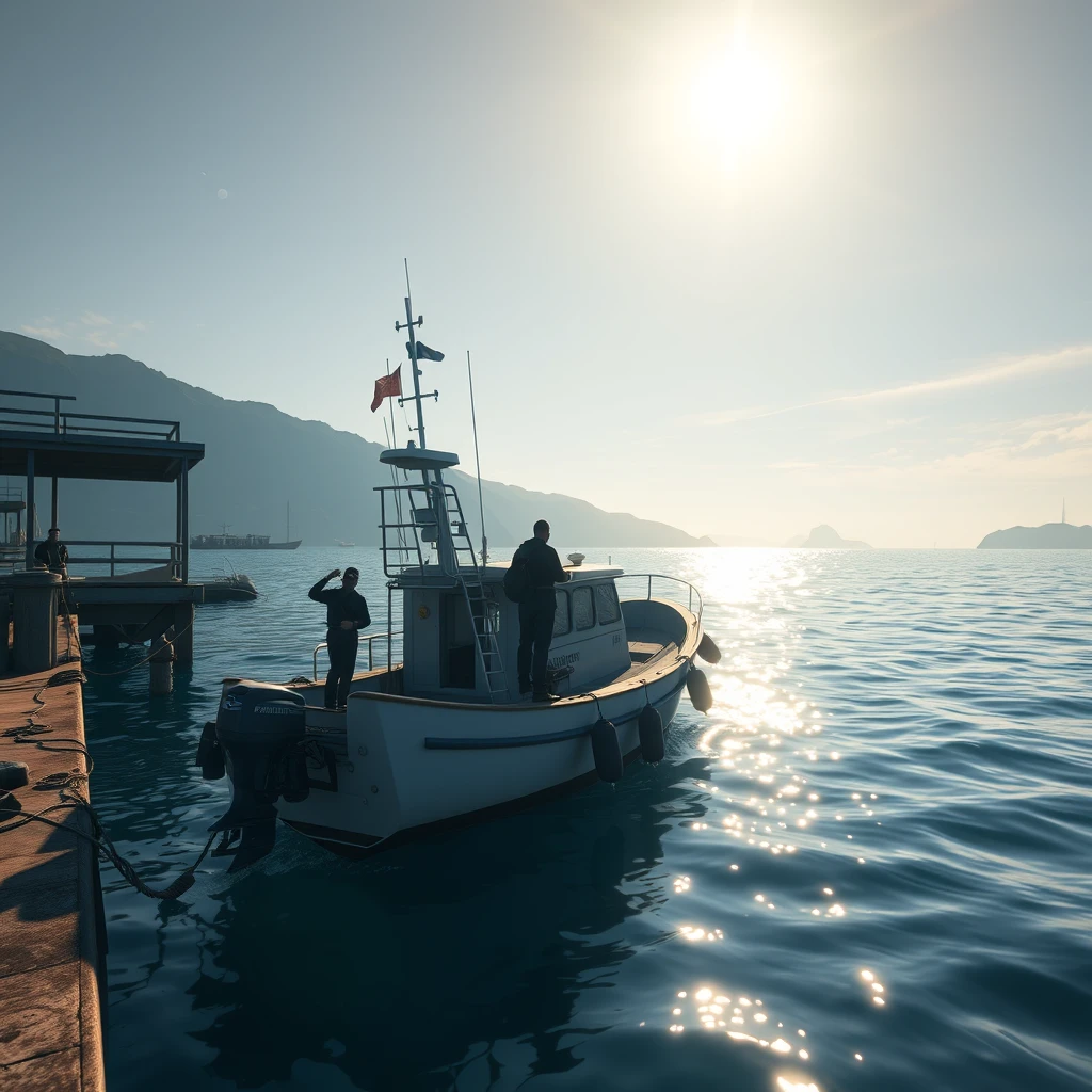 GTA 5 style, The morning sun bathes the dock in its gentle light, where a small boat quietly rests at its berth. The crew members are busily preparing for the voyage, their movements precise and powerful, each action a testament to their respect for the sea and their skilled craftsmanship. The captain, standing strong at the prow, fixes his determined gaze upon the horizon. As the engine roars to life, the boat slowly departs the dock, setting its course for the distant Cheung Chau Island. The sea breeze is fierce, filling the sails and propelling the vessel forward with steady resolve through the waves. This may be a simple journey, but it is filled with the spirit of exploring the unknown and a profound respect for the natural world.Cheung Chau Island HongKong, high-definition.