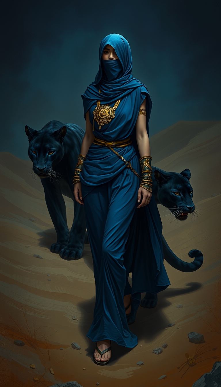 A full body shot of a woman in blue, walking with her black panther through the desert. She is wearing golden jewelry. She wears a hijab covering half her face. Night, dark noir. A fantasy art style painting in the style of concept art for a game, fantasy character design.