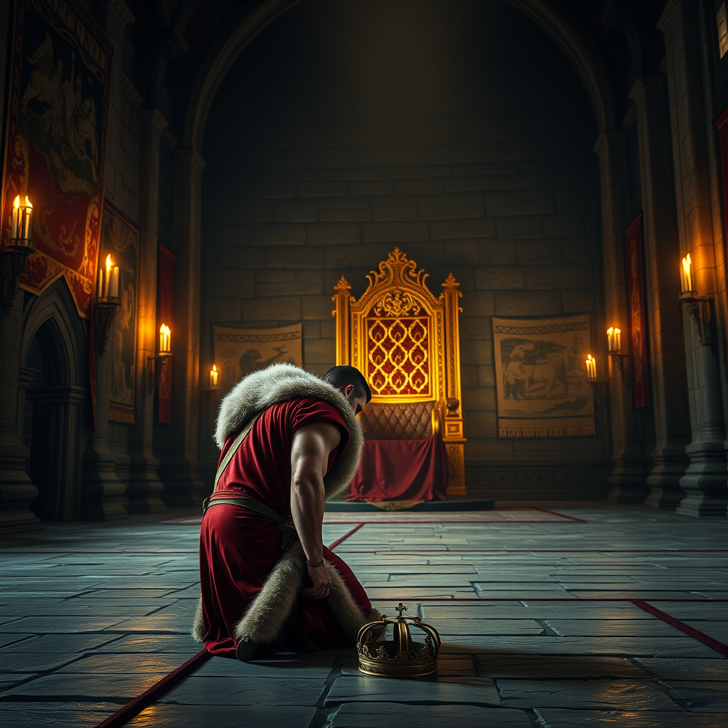 Main Character: A handsome and muscular king in his late 30s, with short, dark hair and a chiseled jawline. He wears a regal crimson robe trimmed with ermine fur, a heavy gold crown rests on the floor beside his bowed head. His powerful frame trembles slightly as he kneels, his head touching the cold stone floor, his back towards the viewer.

Background: The immense hall of a medieval castle, lit by flickering torches that cast long, dancing shadows across the scene. Intricate tapestries depicting scenes of heroic battles and mythical creatures adorn the stone walls. At the far end of the hall, bathed in the warm glow of the torches, sits a massive golden throne, its surface intricately carved with scenes of past kings and mythical beasts.

Visual Style: Photorealistic, captured with a shallow depth of field to focus on the king's submission before the grandeur of the throne. The lighting should be dramatic and moody, emphasizing the power and weight of the throne while also highlighting the vulnerability of the king in his pose. The overall color palette should be rich and dark, with the deep reds and golds of the king's robe and the throne contrasting against the cool grays of the stone walls. - Image