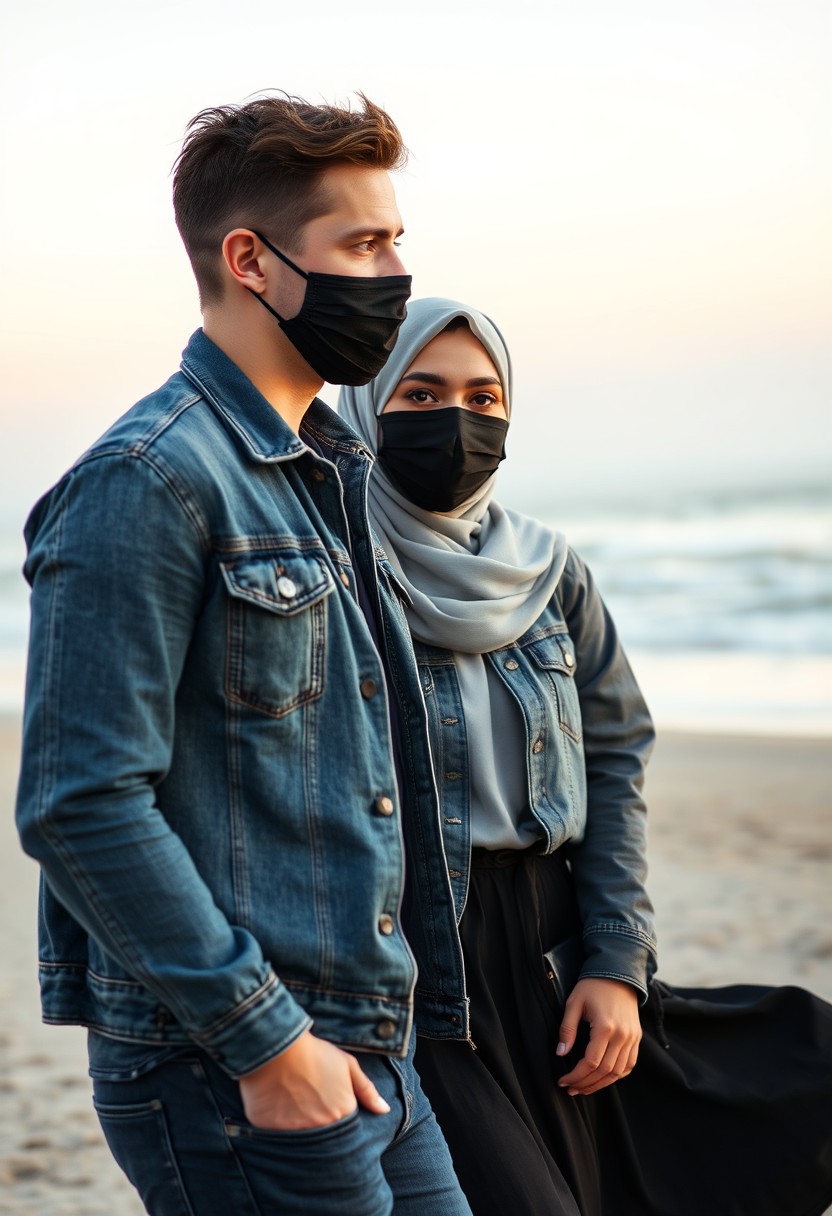 Jamie Dornan's head and body shot, handsome, black face mask, denim jacket, jeans, dating, love couple, with the biggest grey hijab Muslim girl, black face mask, beautiful eyes, black leather jacket, biggest skirt, walking happy at the beach, sunset, hyper-realistic, street photography. - Image