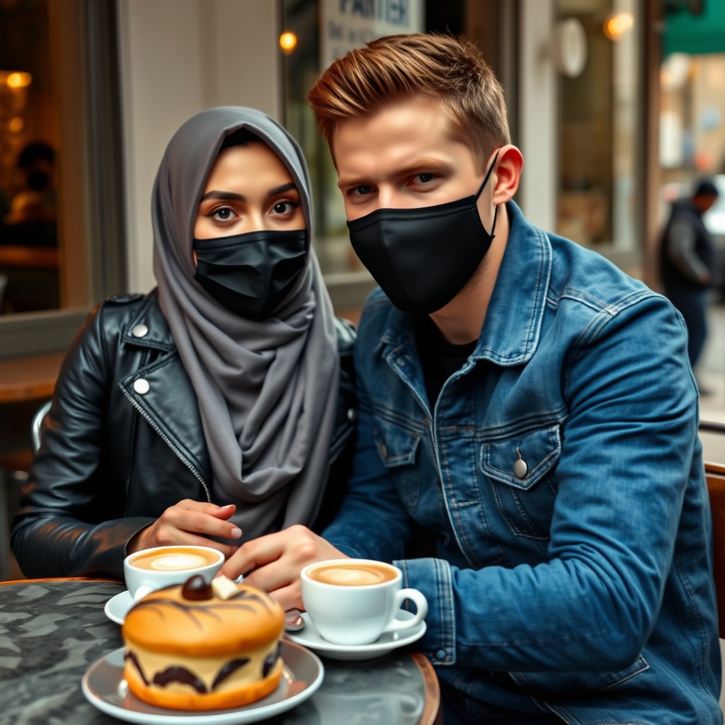 Jamie Dornan's head and body shot, handsome, black face mask, blue jeans jacket, jeans, dating a Muslim girl in a grey hijab with beautiful eyes, black face mask, black leather jacket, biggest zebra pattern skirt, at a cafe, 2 cups of latte, muffin cake, chocolate donut on a table, photorealistic, hyper-realistic, street photography, selfie. - Image