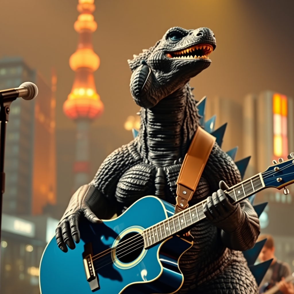 Godzilla plays a blue acoustic guitar in a concert with Tokyo city background, realistic, 8k, cinema.