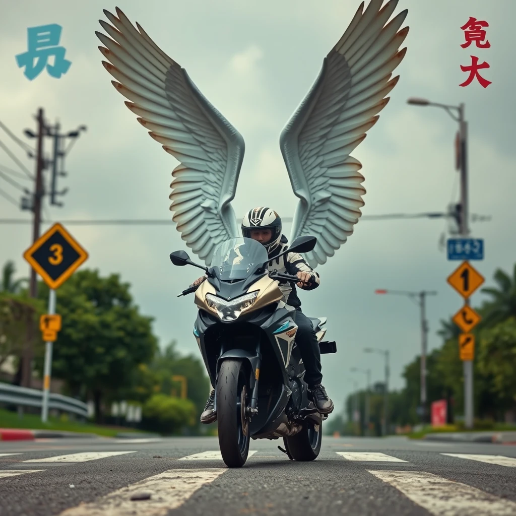 At the crossroads, someone is riding a smart motorcycle, with huge wings, and there are Chinese characters or Japanese. - Image