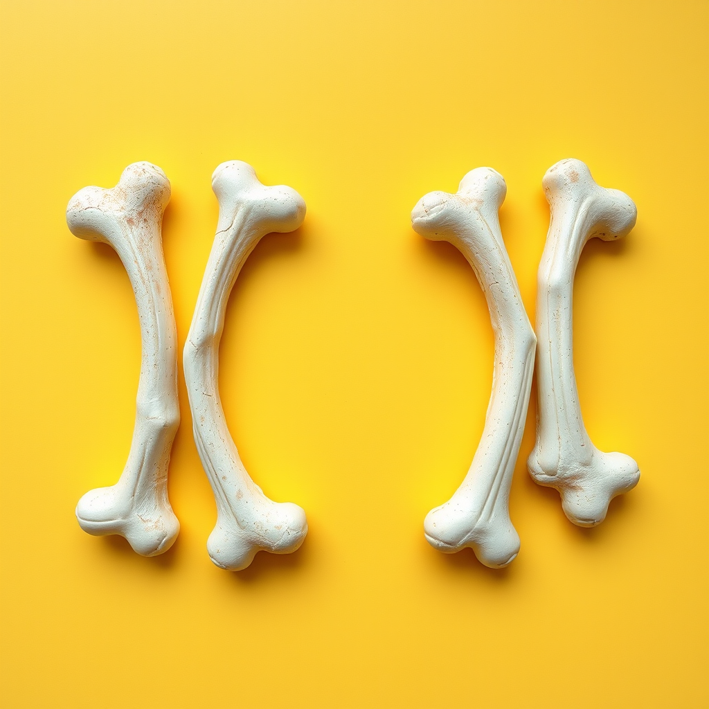 A letter "H" made of bones, yellow background, realistic photograph.