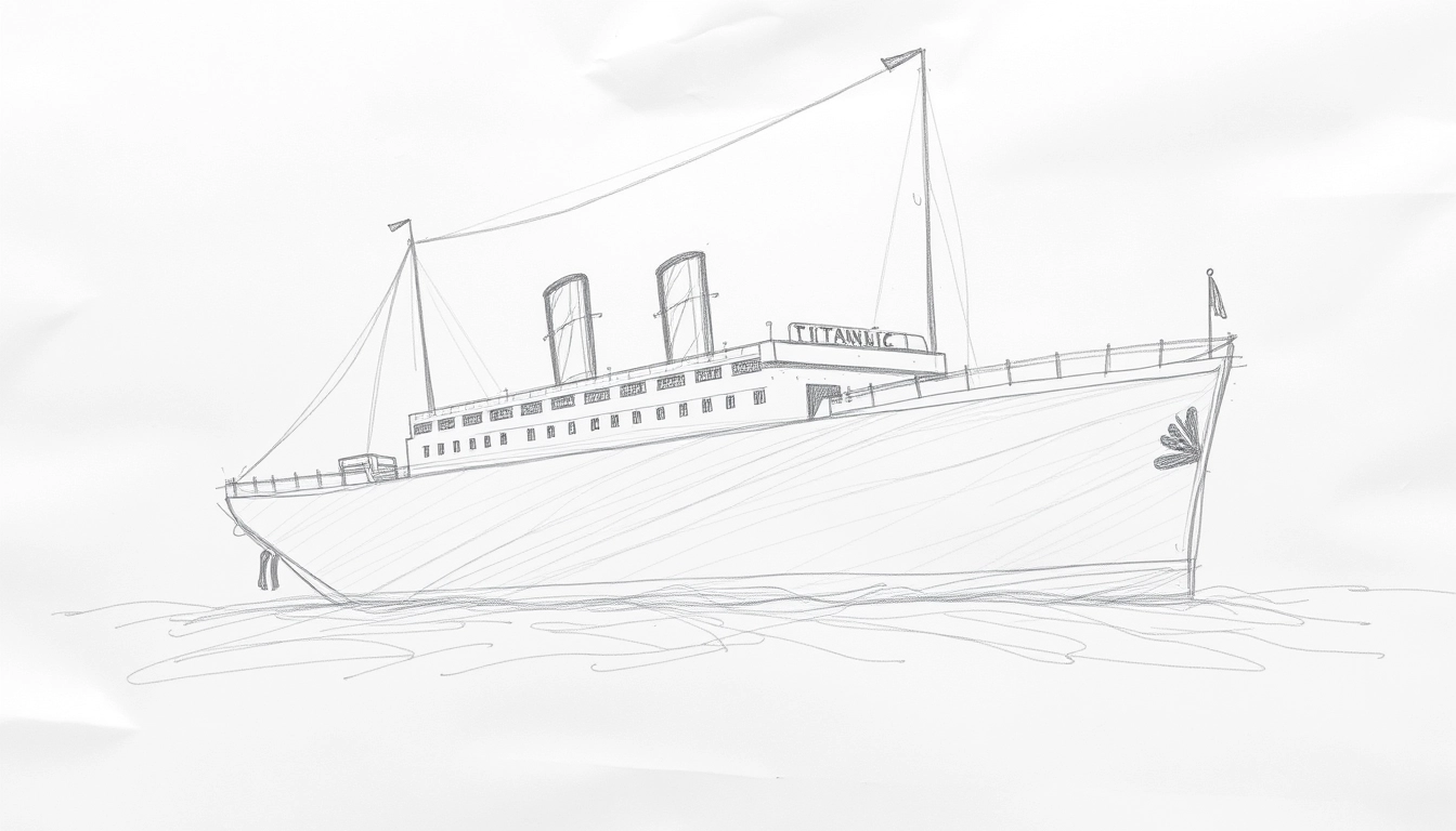 The Titanic, a rough pencil sketch doodled by a child, in a wild style, rather coarse and not detailed. The sketch's paper is crumpled and shows many eraser marks.