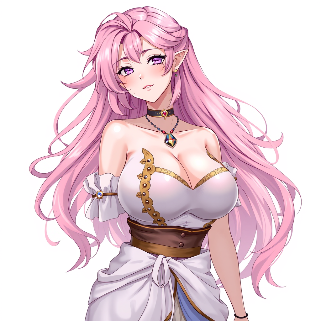 Anime art of a motherly woman, pink hair, fantasy clothes, large breasts, natural reflective, detailed body, standing, white background, stunning details, trending on ArtStation, anime artwork, illustration quality. - Image