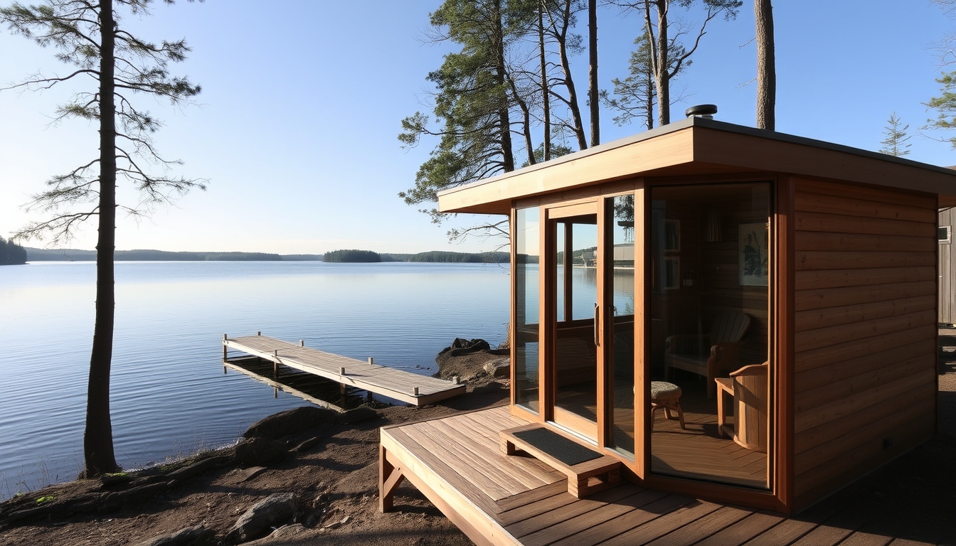 A peaceful lakeside retreat with a glass-fronted sauna overlooking the water.