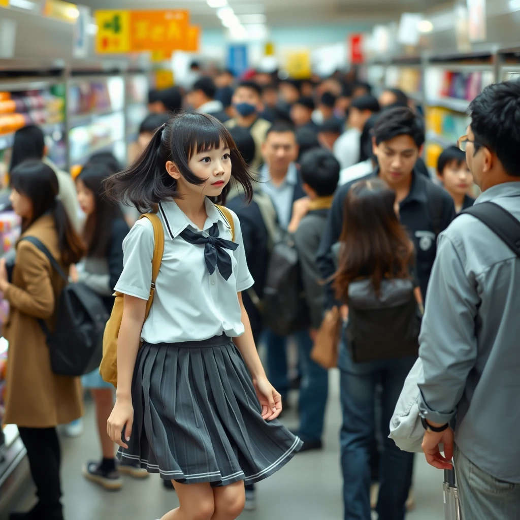 In the supermarket, there are many people, and one Japanese schoolgirl in a skirt flew up.