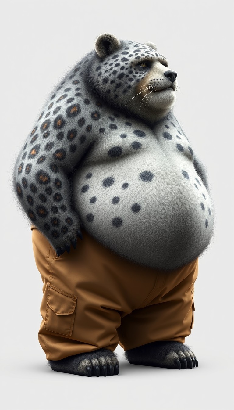 quarter view, Anthropomorphic obese gray bear leopard hybrid, blended features. gray and black fur with tan and white fur markings. he has a heavyset body. wide fat bottom. Fat wide double chins. tan obese big fat baggy cargo pants. full body. uncropped. fluffy fur. digital art, semi-realistic - Image