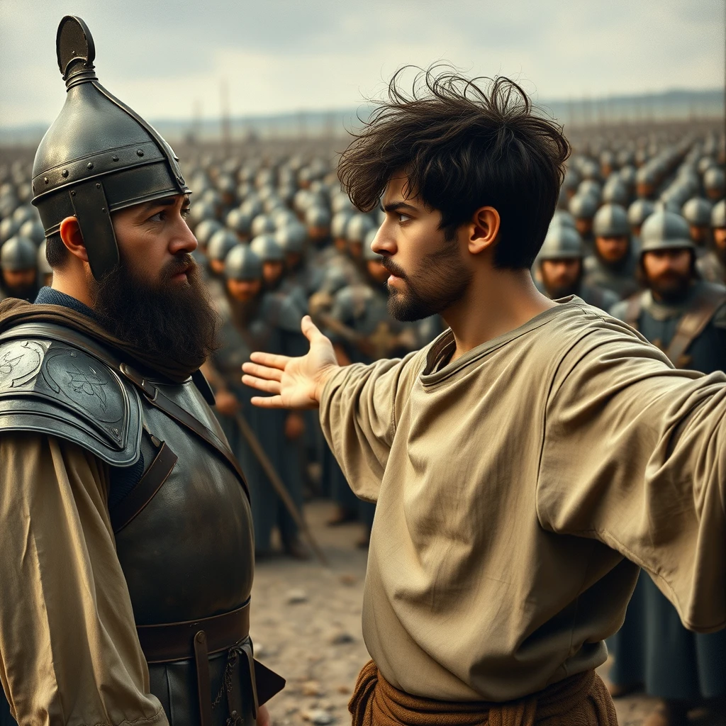 Create a painting in the style of the Italian Baroque artist Caravaggio, depicting two men standing apart and arguing, while a group of soldiers gathers around the man on the left. The man on the right is a young Jewish man with his arms stretched out to the sides, looking shocked. He has dark, messy, unkempt hair and a beard, dressed in a simple biblical-era shepherd's tunic, and is staring sternly at the left eye of the other man. The man on the left appears middle-aged, has a Jewish black beard, and is wearing a complete suit of biblical-era leather armor and a conical helmet with a pointed tip. In the far background, there is a blurred front of a large biblical-era army on the horizon. The overall mood of the image is one of anxiety and concern. - Image