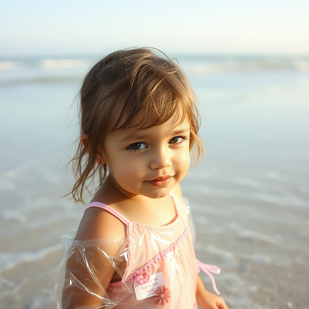 cute little girl on the beach in clear plastic - Image