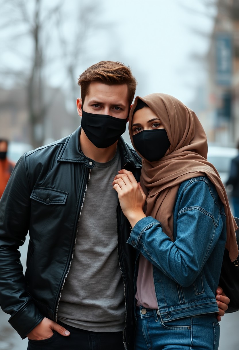 Jamie Dornan, handsome, black face mask, black leather jacket, jeans, dating, loving couple with the biggest hijab Muslim girl, beautiful eyes, black face mask, denim jacket, gloomy scenery, realistic, street photography. - Image