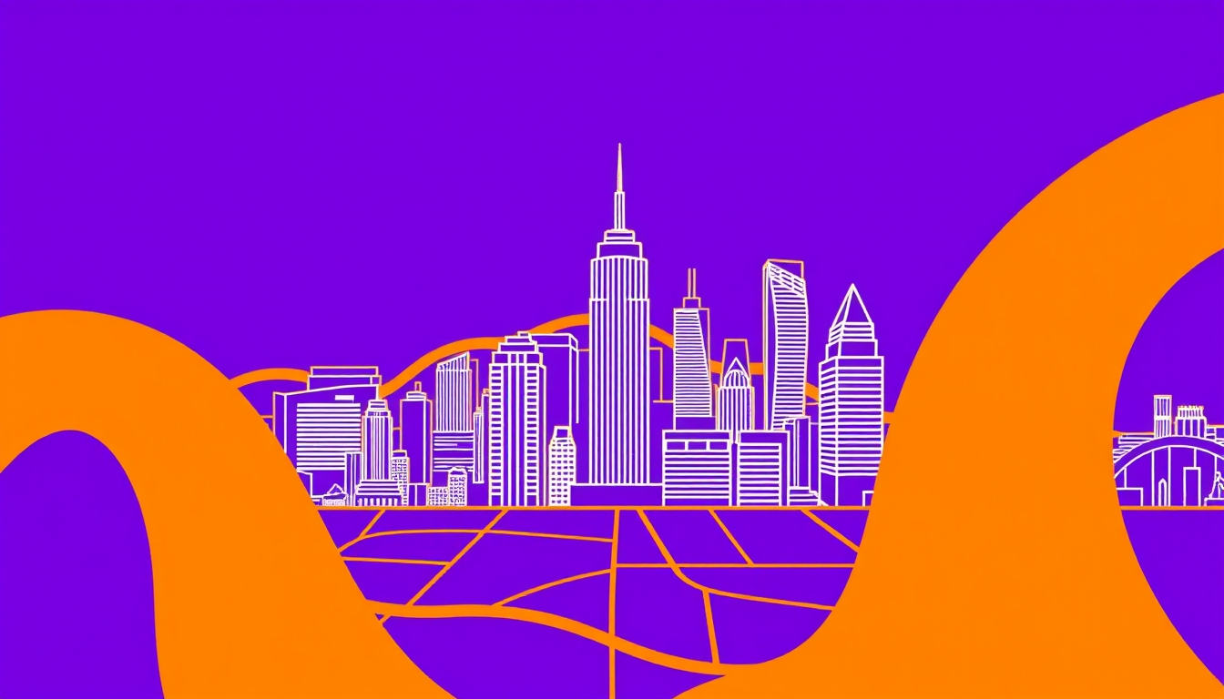 A city with a purple background and orange lines. - Image