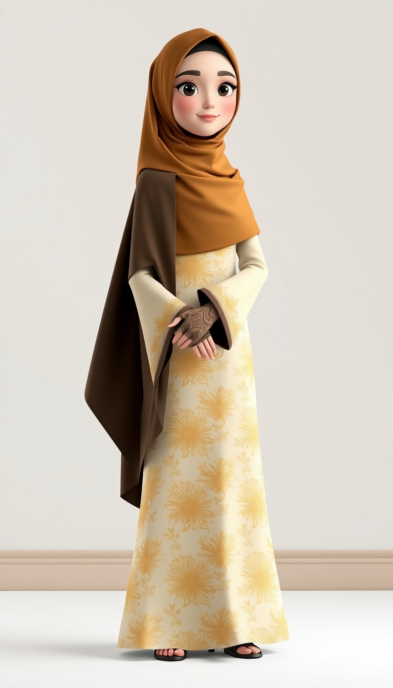 Create a 3D, 8K animated cartoon of a Muslim woman from Palembang wearing a long traditional songket dress. She should have her hands covered with batik gloves. The image should capture the elegance and cultural richness of the attire. - Image