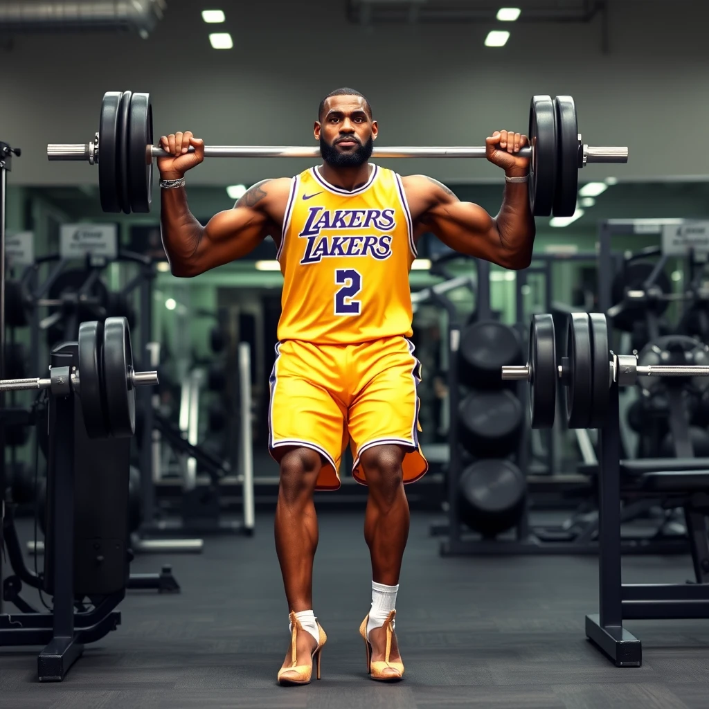 Famous basketball player LeBron James lifting weights, wearing high heels and in a Lakers shirt.