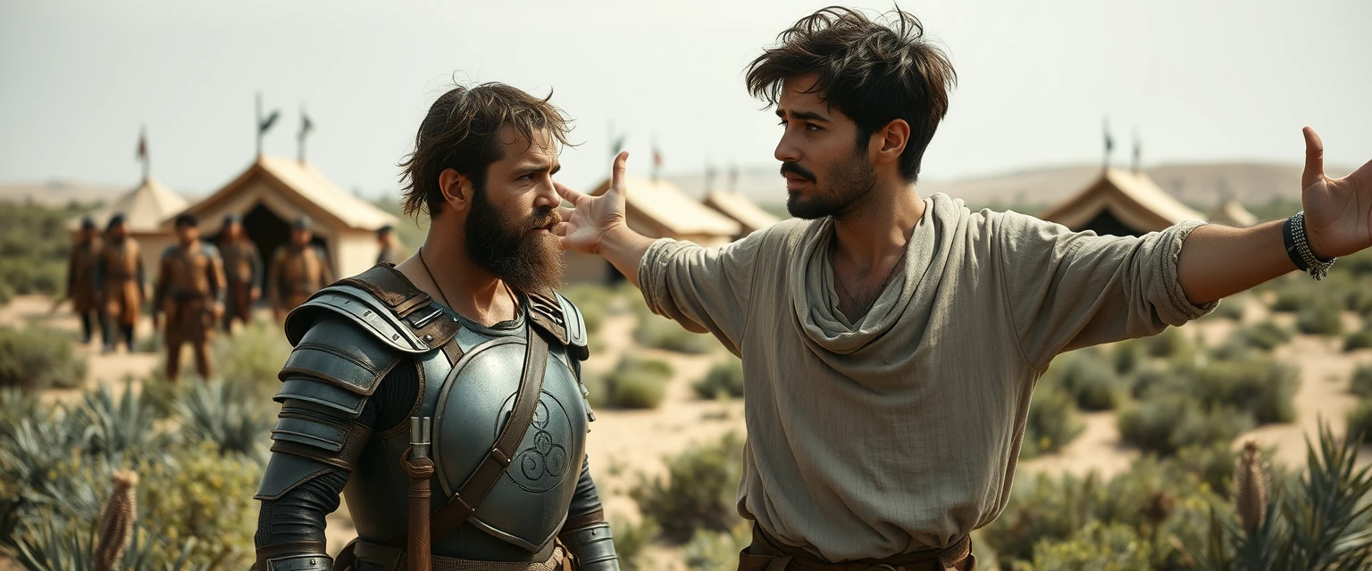 Create a scene of two men facing one another. The man on the right is a young Jewish man in his mid-20s, dressed as a simple shepherd, posed dramatically with his arms stretched out to the sides. He has dark, messy, unkempt hair and a beard, looking shocked as he gazes off-camera towards the left. The man on the left is a slim Jewish man in his mid-30s, with messy hair and a Jewish beard, wearing only simple biblical-era Israelite armor. A group of four ancient biblical-era Israelite soldiers crowds around the man on the left. In the background, Arabic army tents are pitched on a desert shrubland. The overall mood of the image conveys anxiety and concern. - Image