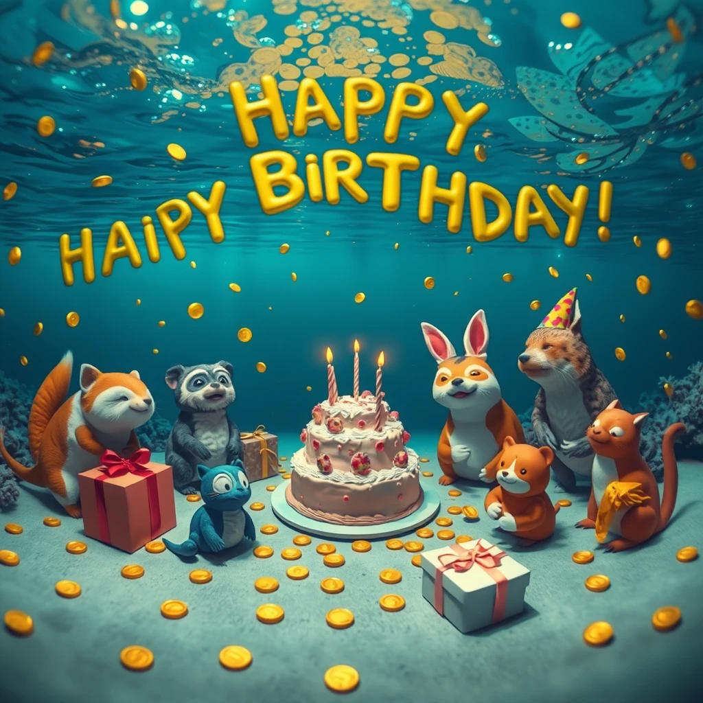 The style is cyberpunk, with animals celebrating a birthday at the bottom of the sea. There are presents, the background is underwater, scattered with gold coins, and there is a large cake in the middle. The number of animals is small, creating a cheerful atmosphere. The shot is a panoramic view with a joyful photographic style.