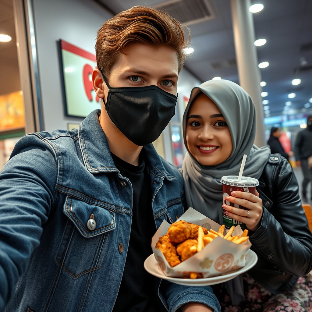 Jamie Dornan's head and body shot, handsome, young, black face mask, blue jeans jacket, jeans, dating love with a Muslim girl in a grey hijab, beautiful eyes, black face mask, black leather jacket, biggest floral skirt, at a fast food restaurant, plate of Korean fried chicken and fries, soft drink soda, photorealistic, hyper-realistic, street photography, selfie.