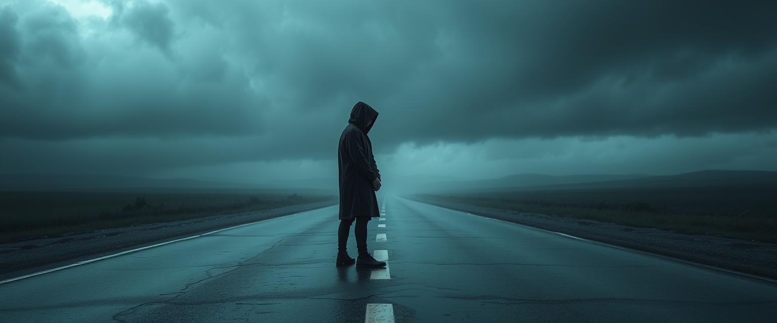 A lone, hooded figure stands motionless in the middle of a deserted, rain-soaked road, his face shrouded in an impenetrable, pitch-black shadow, water dripping from his hood and pooling around his feet, the surrounding atmosphere heavy with a sense of desolation and sorrow, dark, foreboding clouds looming in the background, misty rain veiling the distant landscape, moody, cinematic lighting, Nikon D850.