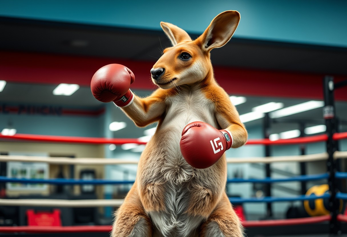 Obese Kangaroo boxing in gym