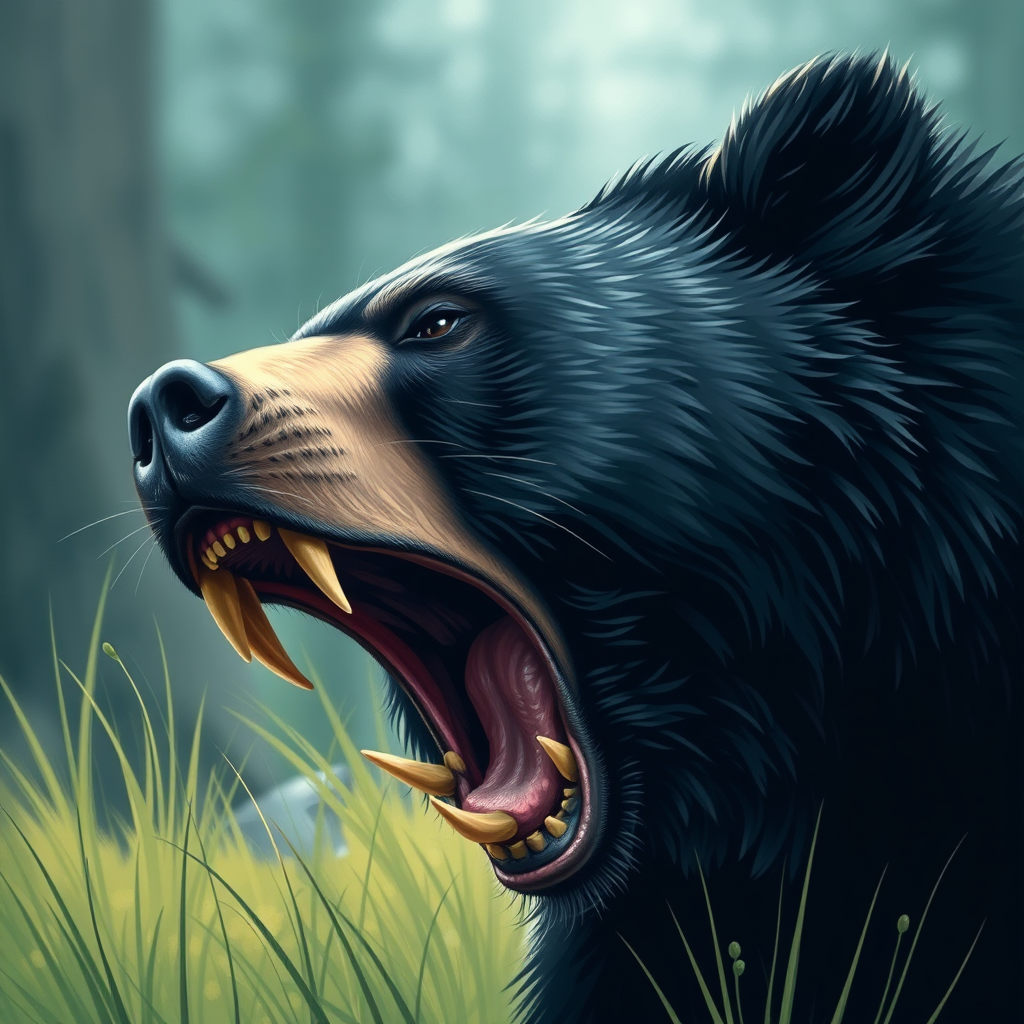 "Furry art style depicting the details of a black bear's mouth while hunting." - Image