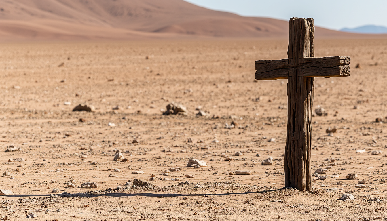 An old wooden cross in the middle of a barren desert. The cross is standing upright on the right side of the image. The cross is made of crumbling dark wood and appears to be old and weathered, with visible damage from wet and dry rot. The overall scene is desolate. - Image