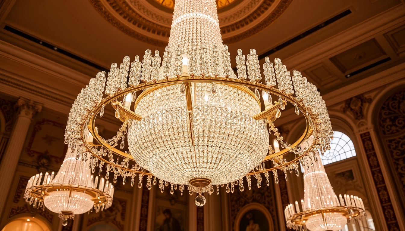 A stunning chandelier made of thousands of tiny glass crystals in a grand ballroom.