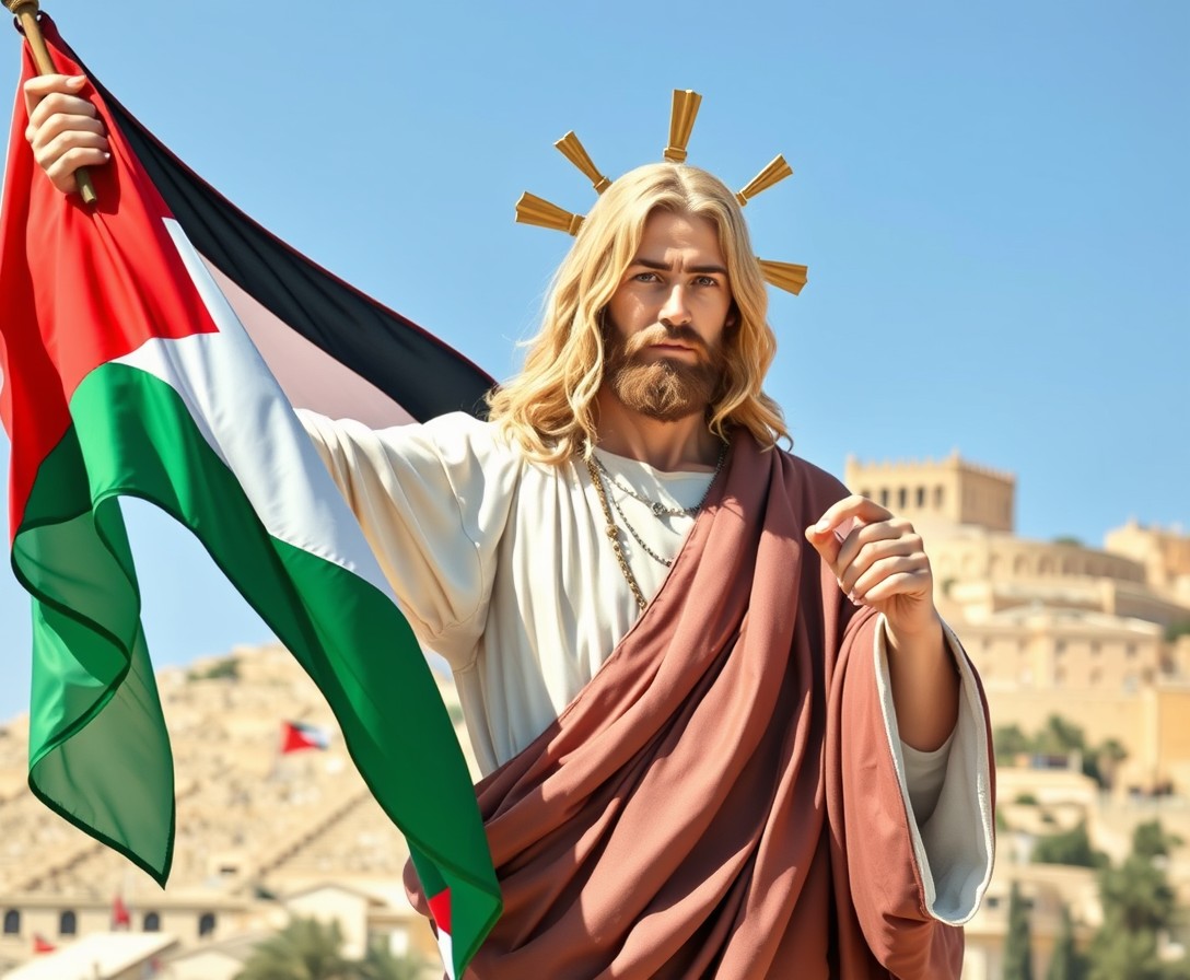 Blonde Jesus I'm Palestine Holding Flag Of Palestine - Image