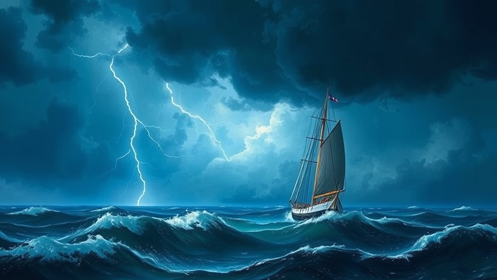 A sailboat in the middle of the ocean with a lightning bolt coming from the sky, inspired by Ivan Aivazovsky, romanticism, Shutterstock, storm at sea, a ship lost in a storm, in a storm, a violent storm at sea, wild ocean storm at night, storm of all storms, blue tone, pastel color.