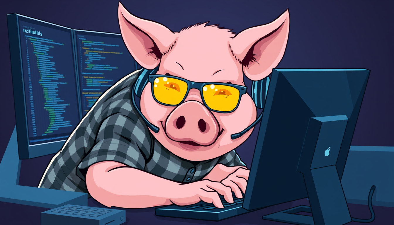 A tech-savvy pig coder, wearing yellow-tinted glasses and sleek noise-cancelling headphones, hunches over a cutting-edge multi-monitor setup. The anthropomorphic pig exudes focus, typing furiously while dressed in a plaid t-shirt. - Image