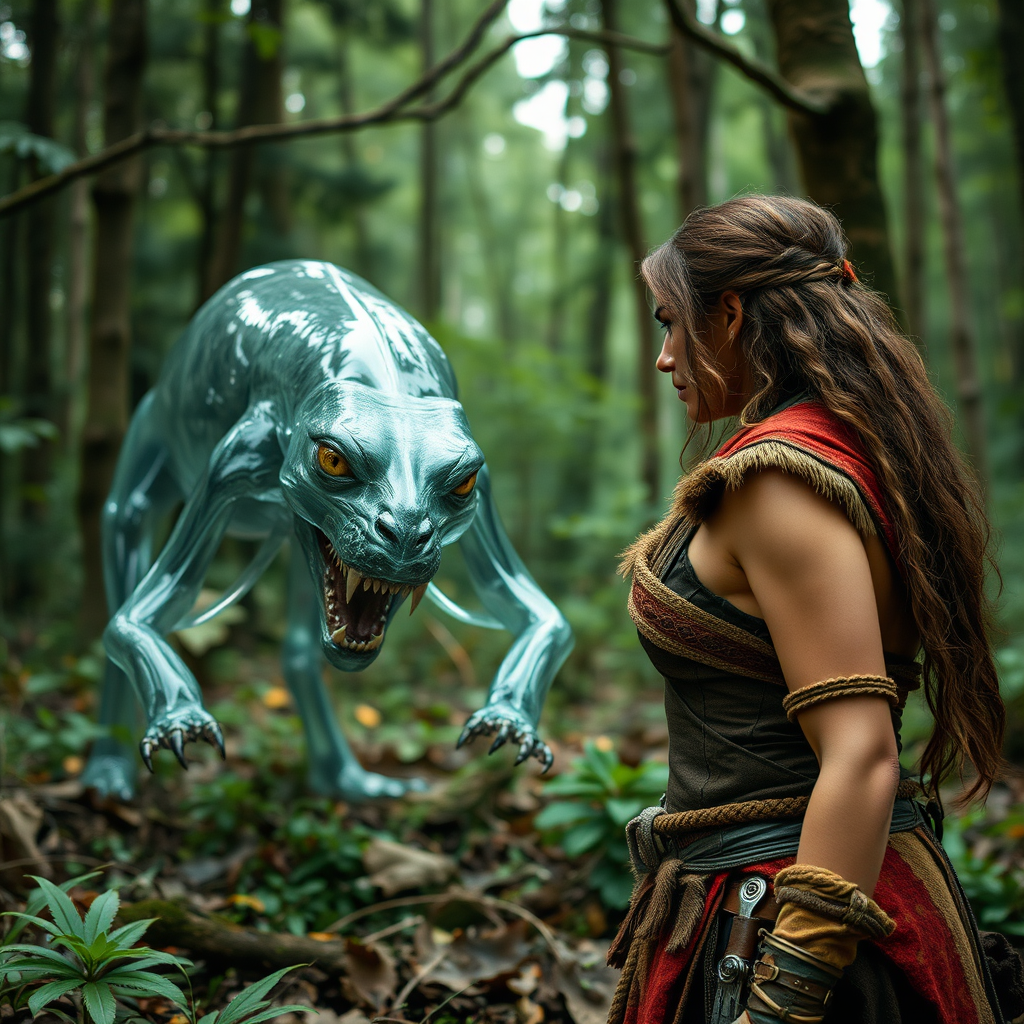 Real-life photography: In the forest, a female barbarian encounters a dangerous transparent animal. - Image