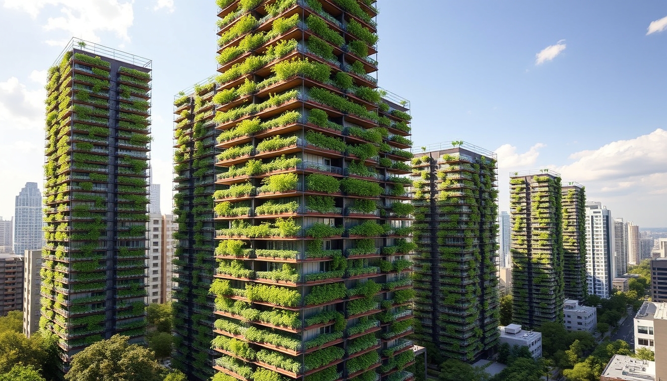 Vertical farming skyscrapers in an urban setting, representing sustainable agriculture.