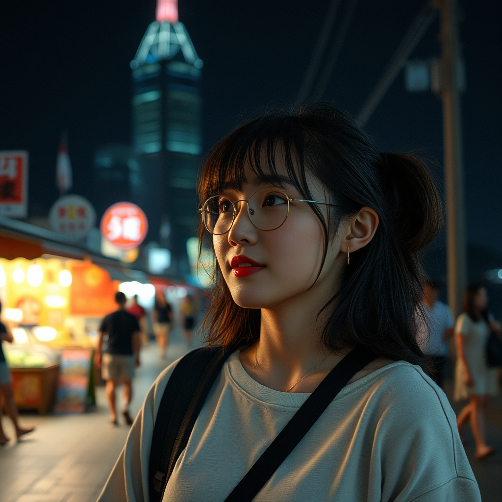 🌌 **Island at Night**: "Korean young woman experiencing nightlife, sea stroll, night market, unique charm of Cheung Chau Island at night, photorealistic style" - Image