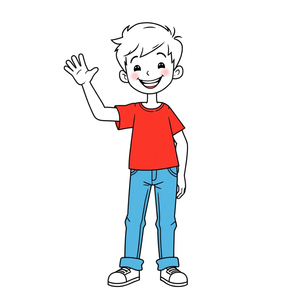 Draw a white boy in blue jeans and a red T-shirt smiling and waving with his right hand.