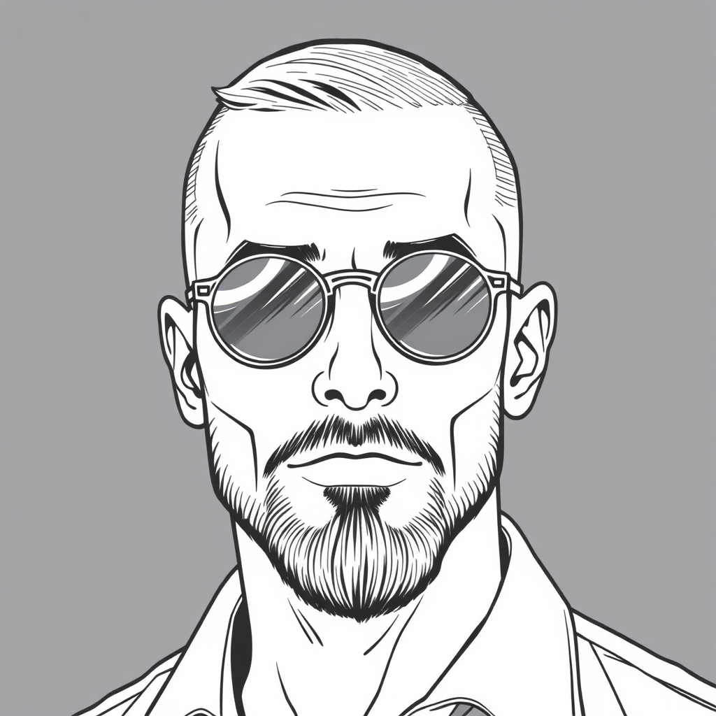 A cool line drawing of a man around 35 years old, with a crew cut, wearing round sunglasses, a slightly short beard on his chin, and a shirt. He has a somewhat rebellious charm, a full face, and clean, fresh skin. - Image