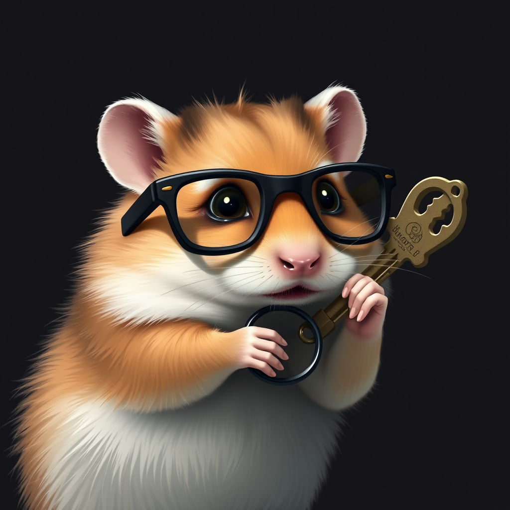 A hamster wearing black glasses, holding a key, dark background, digital art. - Image