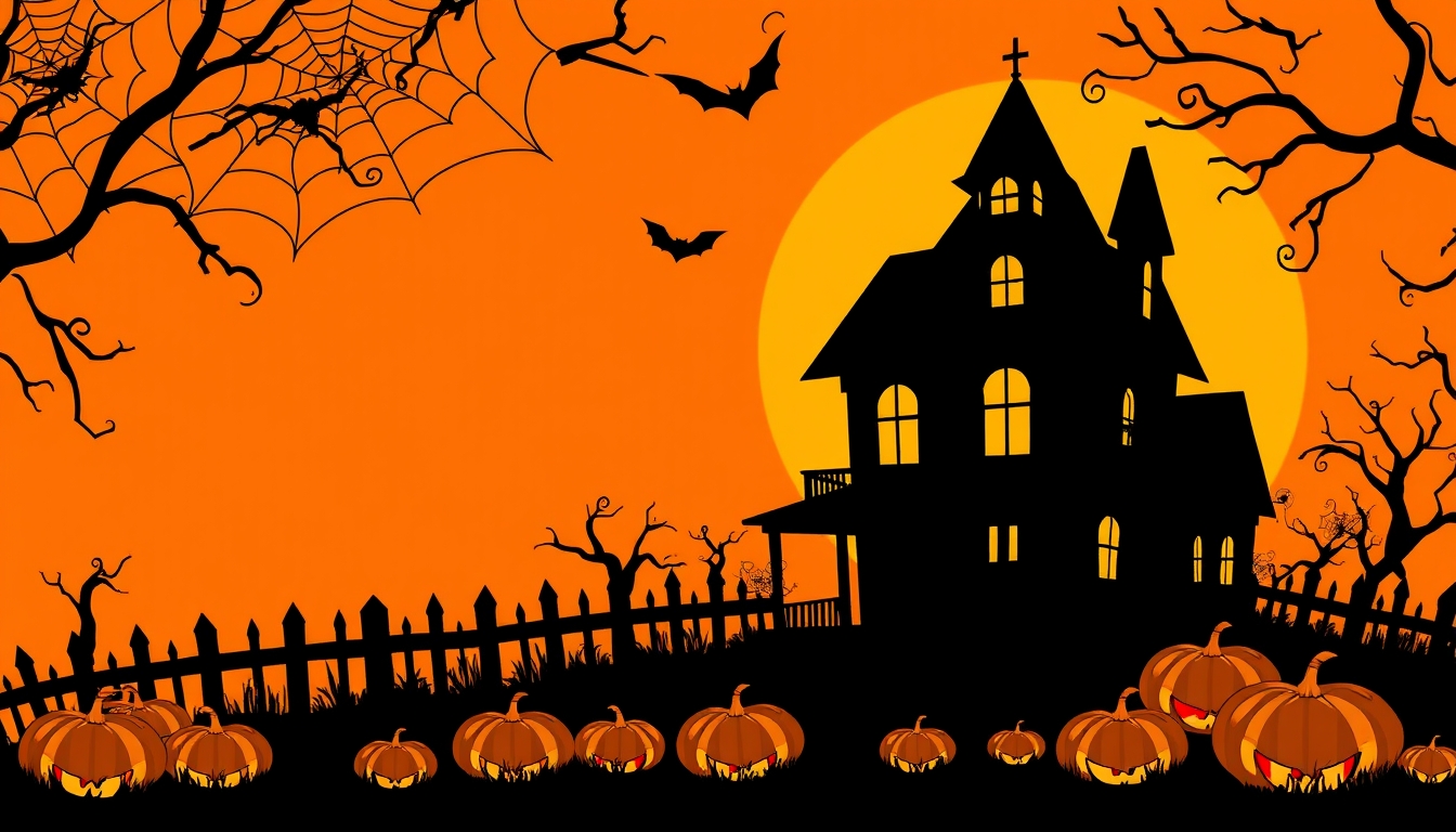 Halloween background with black silhouette of haunted house, spider web and pumpkins on orange background. - Image