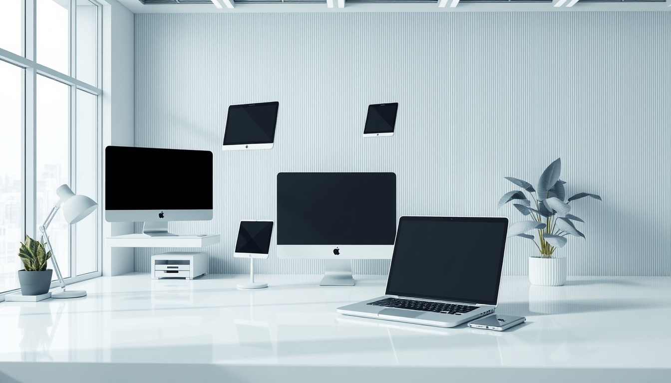 Futuristic Minimalist 3D Workspace with Floating Digital Devices on Business Background