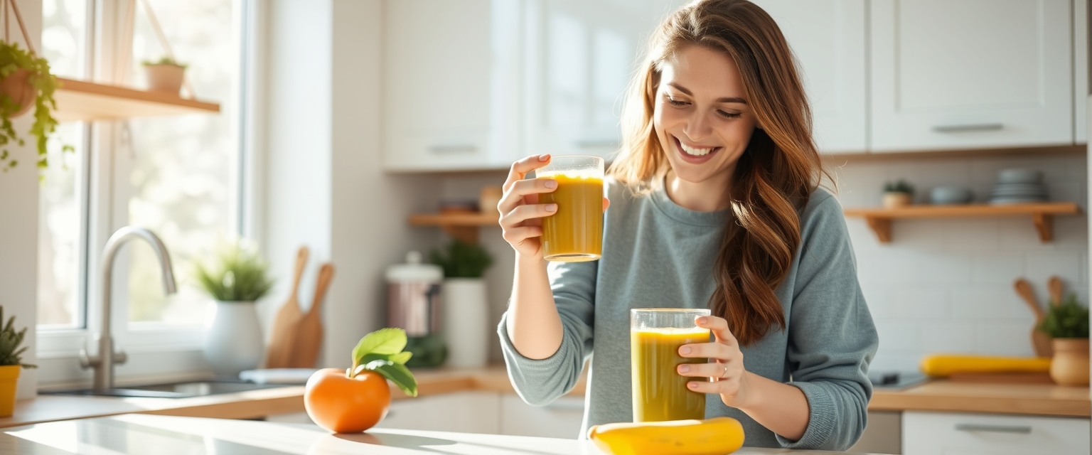 Happy young woman preparing a healthy smoothie in a bright kitchen reflecting the energy and freshness of a sunny morning.