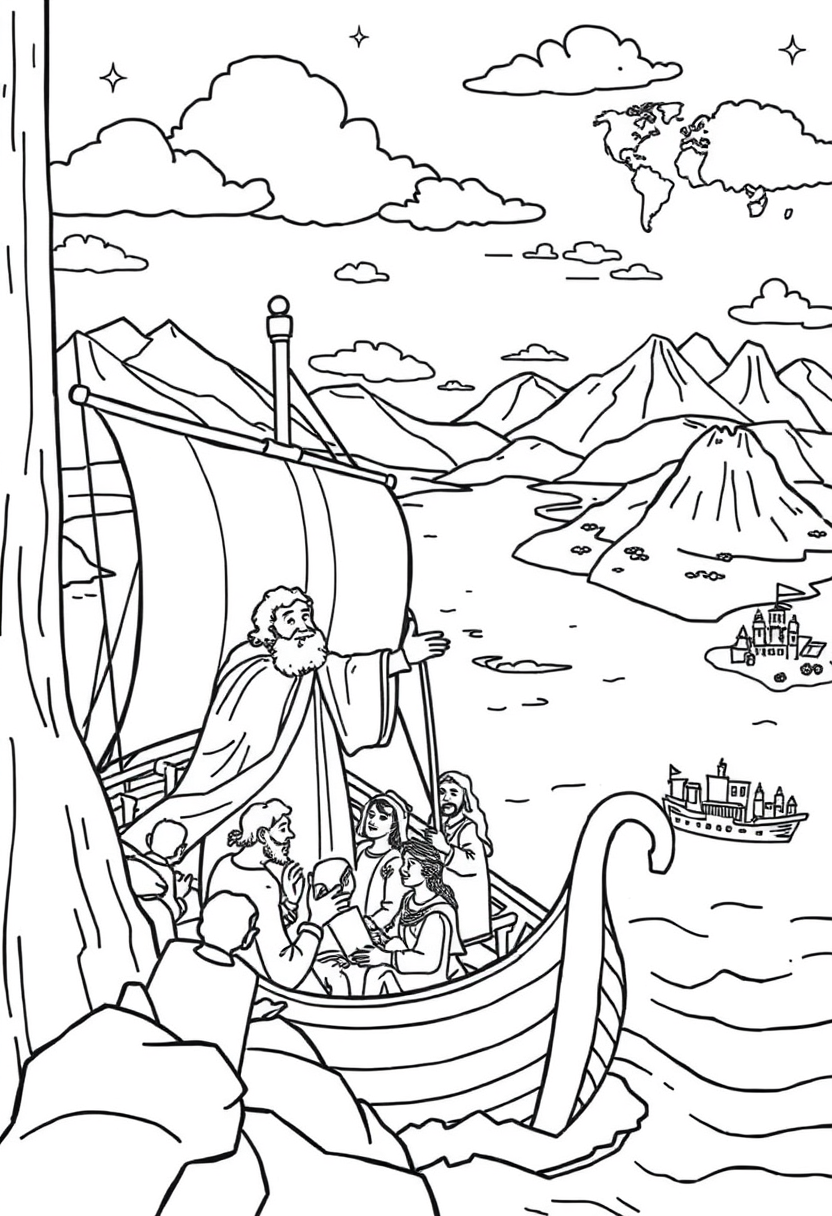 Illustrate Paul traveling by ship, preaching to people in different cities, with maps and various landscapes in the background. A coloring book page, cartoon style, thick lines, low details, no shading. - Image